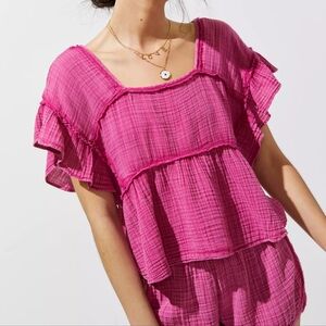 ANTHROPOLOGIE DAILY PRACTICE MED Women's Pink BERRY Ruffle GAUZE  Top